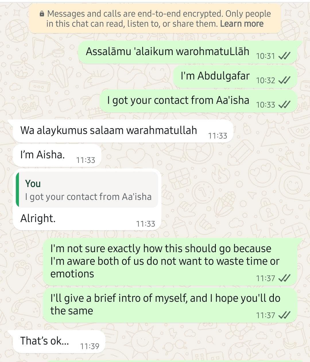 The first conversation between Aisha and Abdulgafar